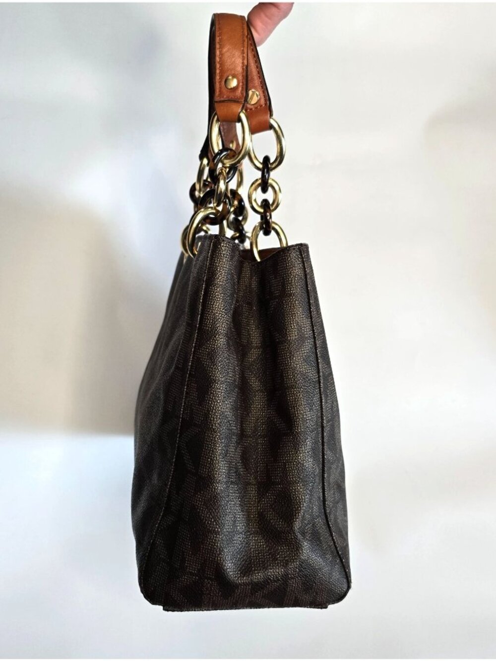 Michael Kors Cynthia Brown Monogram Medium Tote Bag Chain Handles Satchel - Picture 14 of 15
